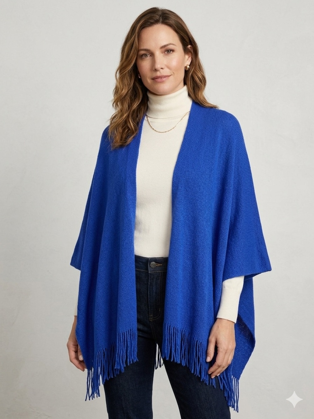 Chico's Royal Blue Fringe Knit Poncho Open Front Wrap Cape OS